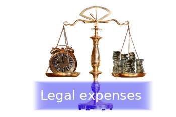 scale of justice with a clock in one scale and money in the other and banner stating Legal expenses