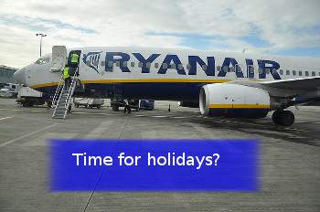 ryanair plane on runway and banner stating Time for hoildays?