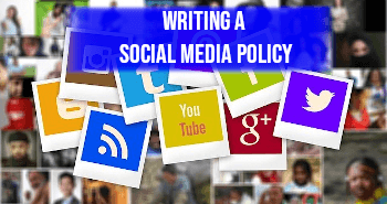 image of social media icons with banner stating writing a social media policy